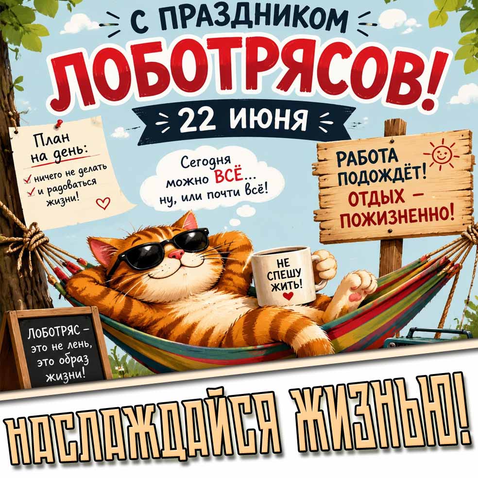 Прикольная открытка 22 июня - с праздником лоботрясов! Наслаждайся жизнью!