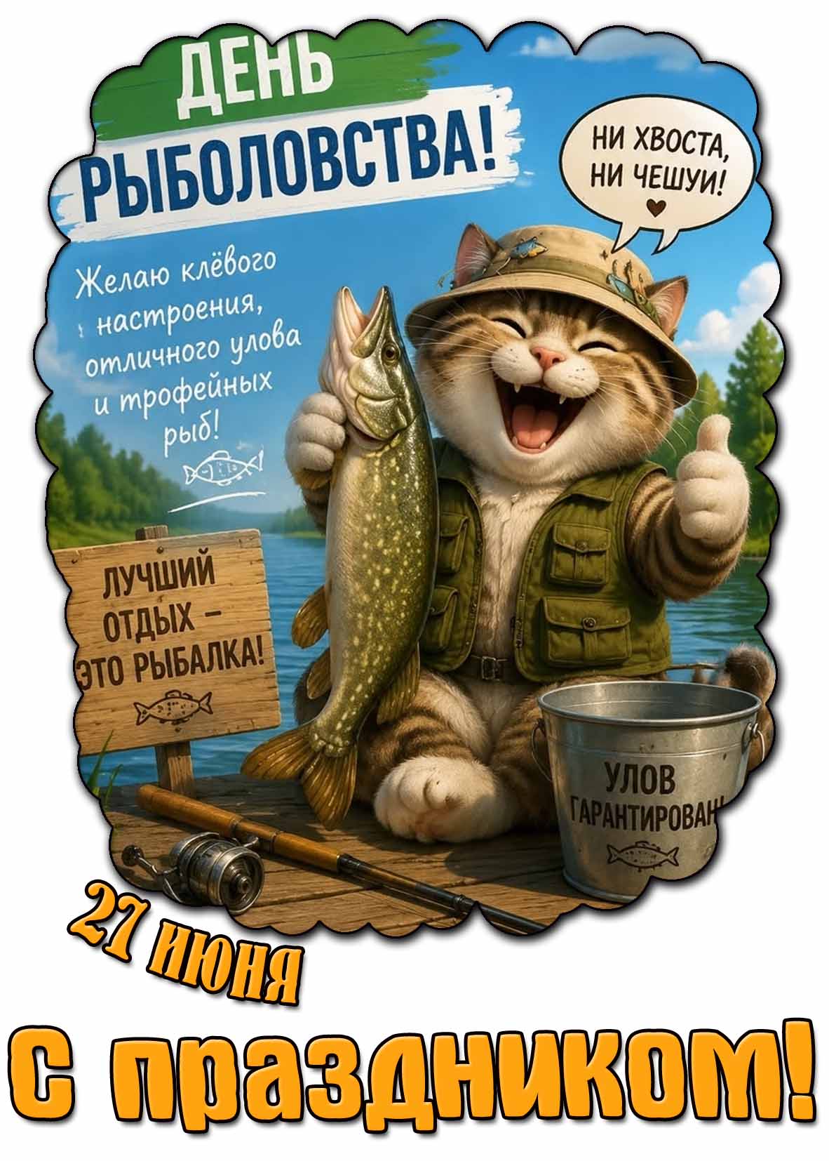 Прикольная открытка 27 июня - день рыболовства! Ни хвоста, ни чешуи! С праздником!