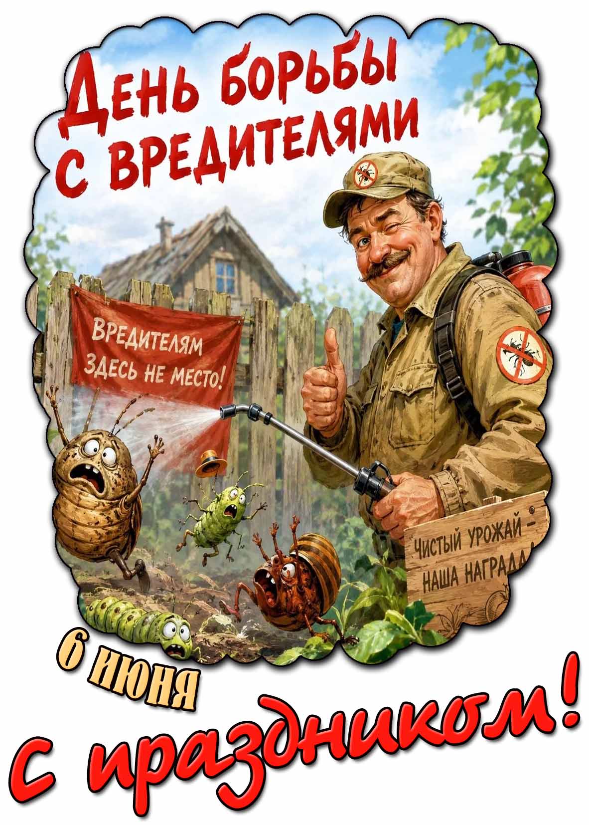 Прикольная открытка "6 июня - день борьбы с вредителями! Чистый урожай наша награда! С праздником!"