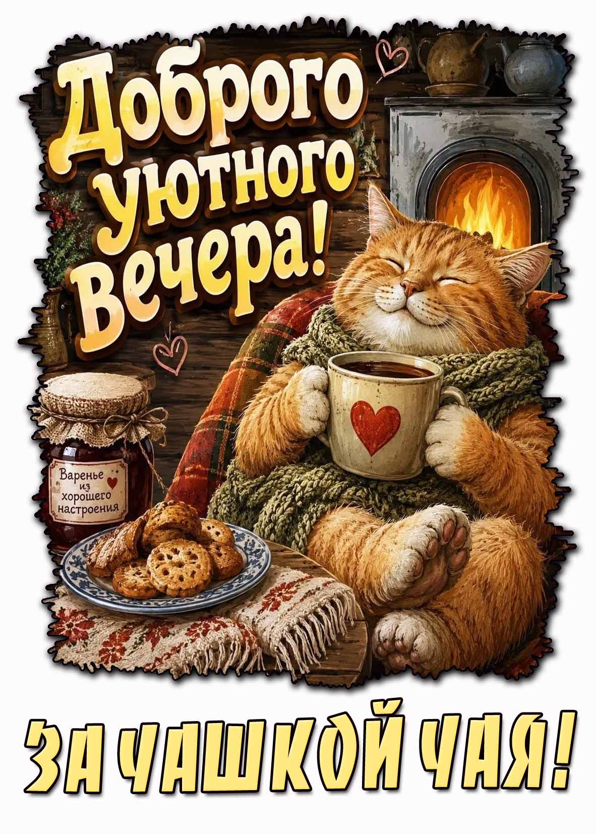 Прикольная открытка "Доброго уютного вечера! За чашкой чая!"