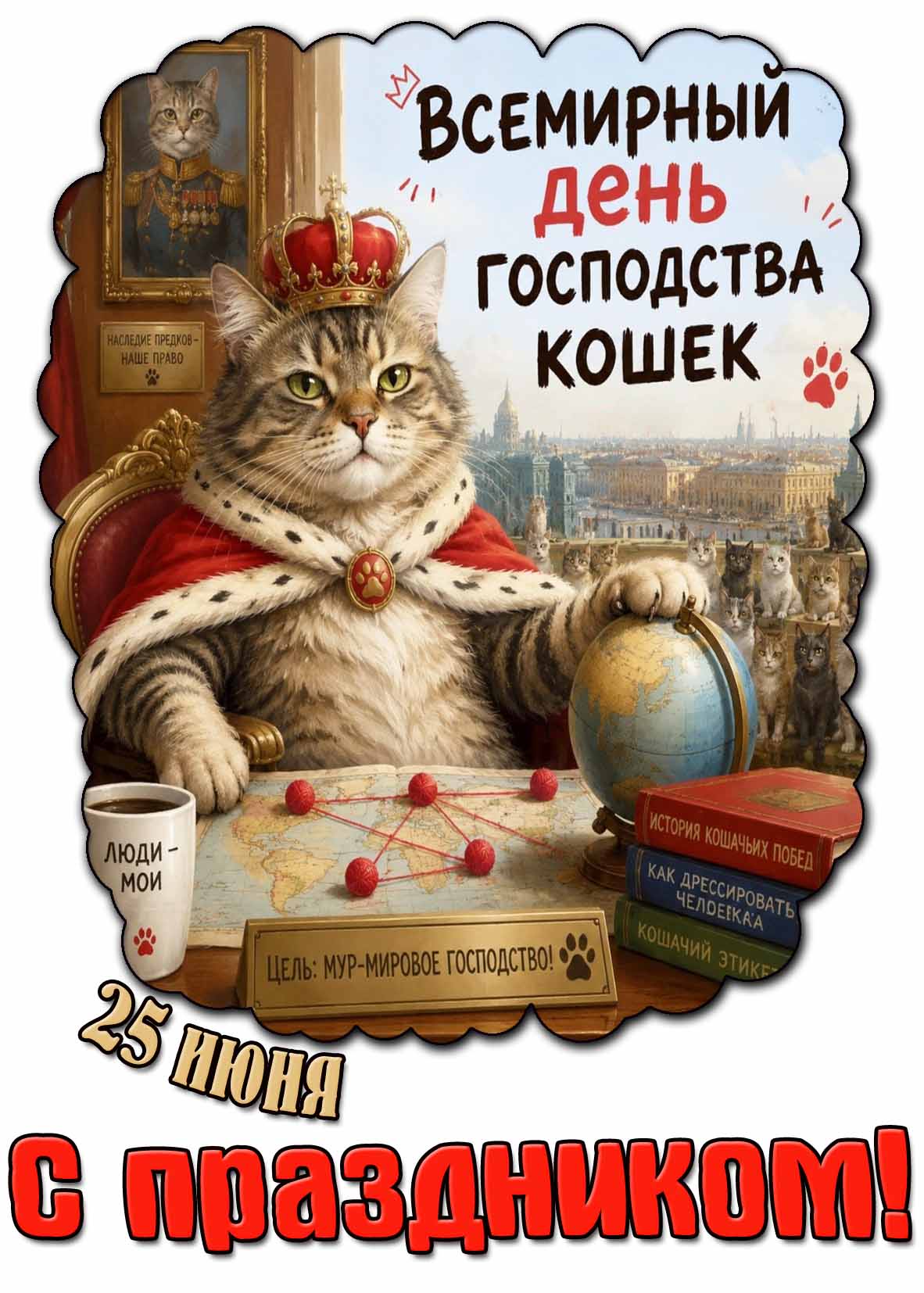 Прикольная открытка на 25 июня - всемирный день господства кошек! С праздником!