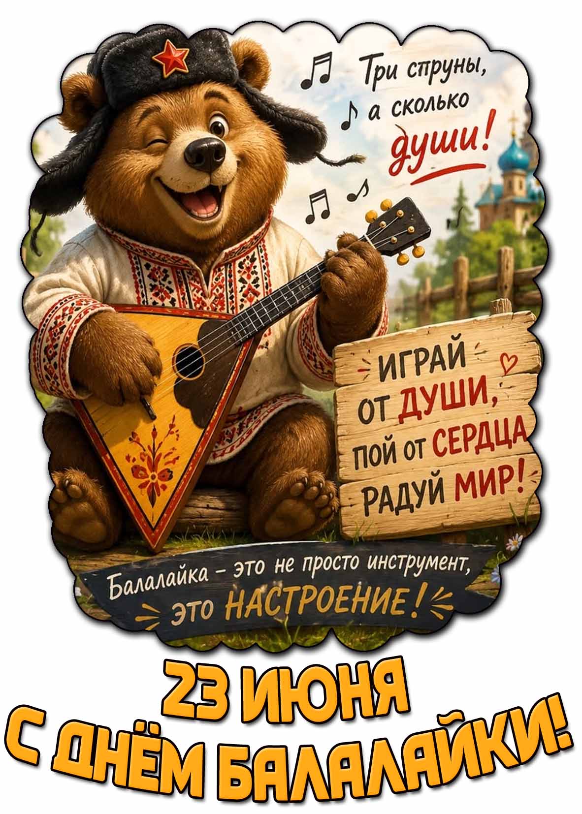 Прикольная открытка "С днём балалайки! Играй от души, пой от сердца, радуй мир!" - 23 июня