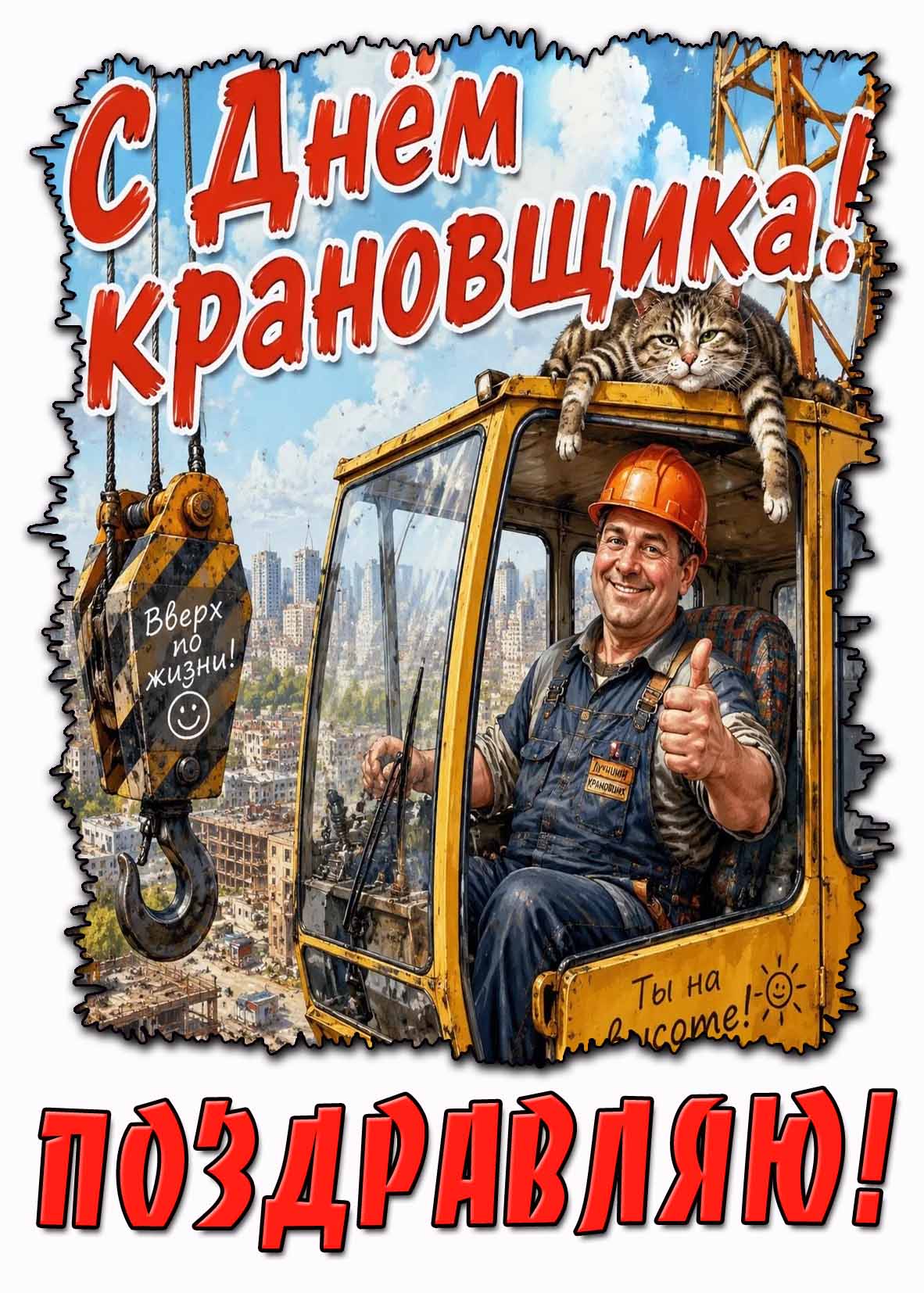 Прикольная открытка "С днём крановщика! Вверх по жизни! Поздравляю!"