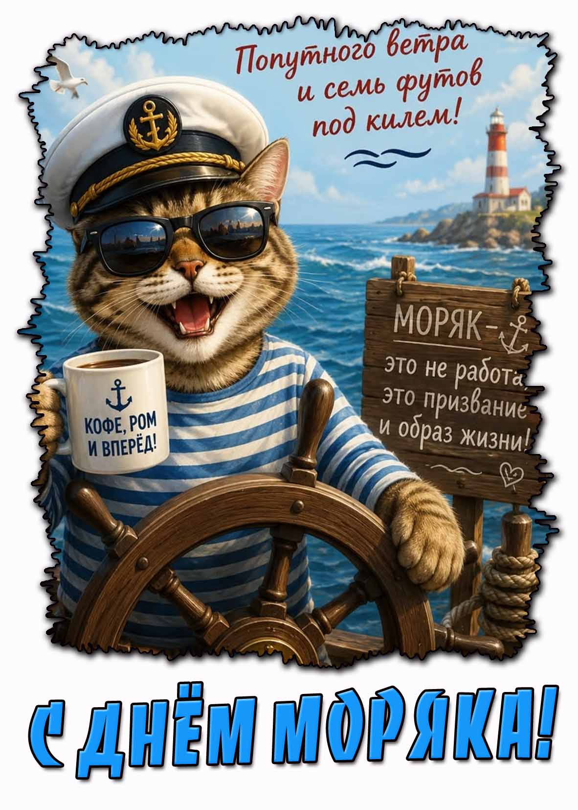 Прикольная открытка "С днём моряка! Попутного ветра и семь футов под килем! Кофе, ром и вперёд!"