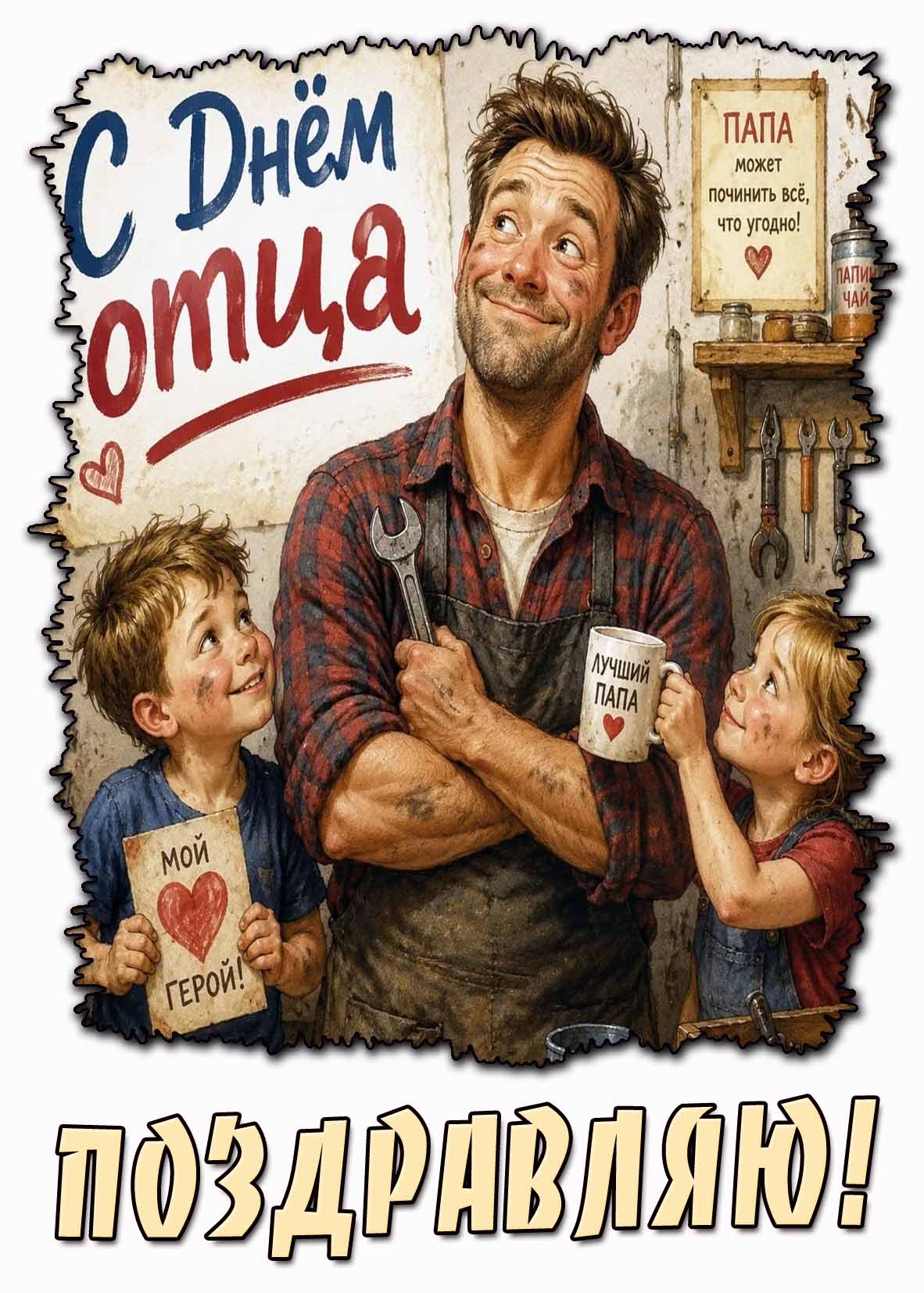 Прикольная открытка "С днём отца! Поздравляю! Папа может починить всё, что угодно!"