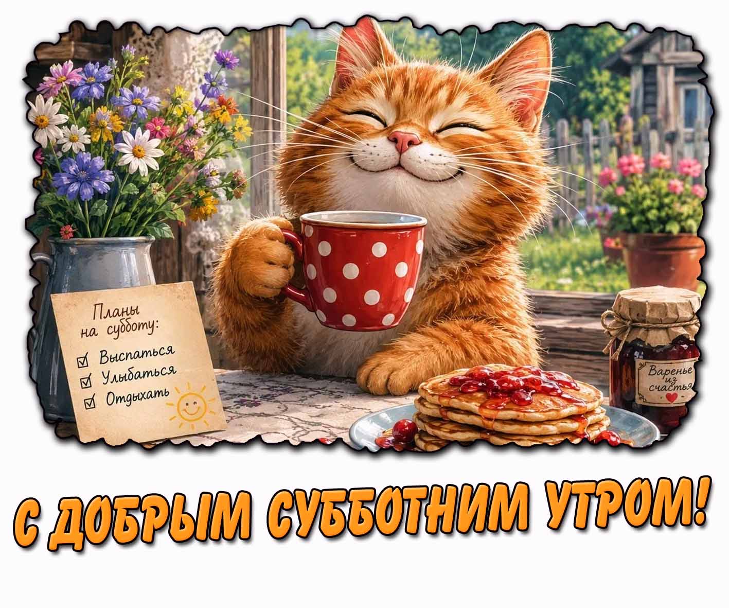 Прикольная открытка "С добрым субботним утром! Планы на субботу : Выспаться, улыбаться, отдыхать!"