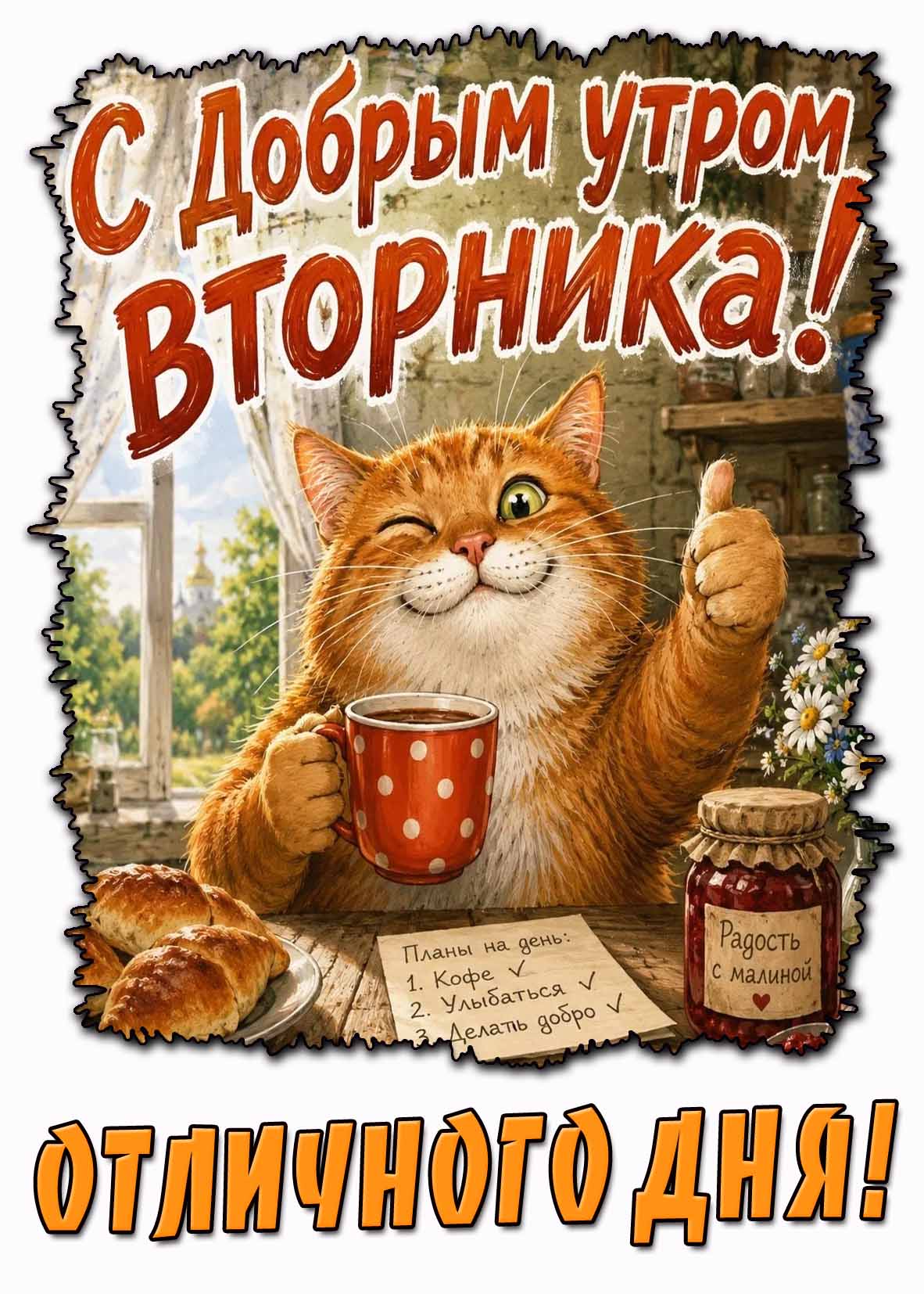 Прикольная открытка "С добрым утром вторника! Отличного дня!"