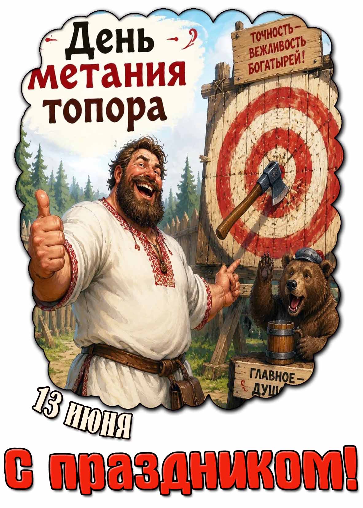 Прикольная открытка "13 июня - день метания топора! С праздником!"