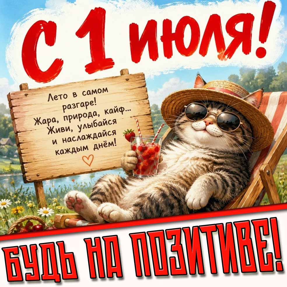 Открытка "С 1 июля! Лето в самом разгаре! Жара, природа, кайф... Живи, улыбайся и наслаждайся каждым днём! Будь на позитиве!"