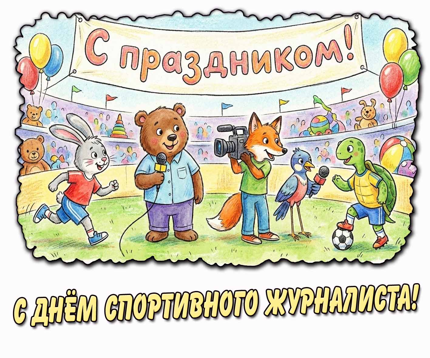 Детская мультяшная картинка "С днём спортивного журналиста! С праздником!"