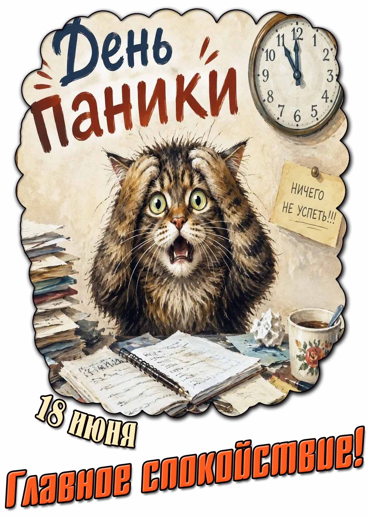 Смешная картинка 18 июня - день паники! Ничего не успеть! Главное спокойствие!