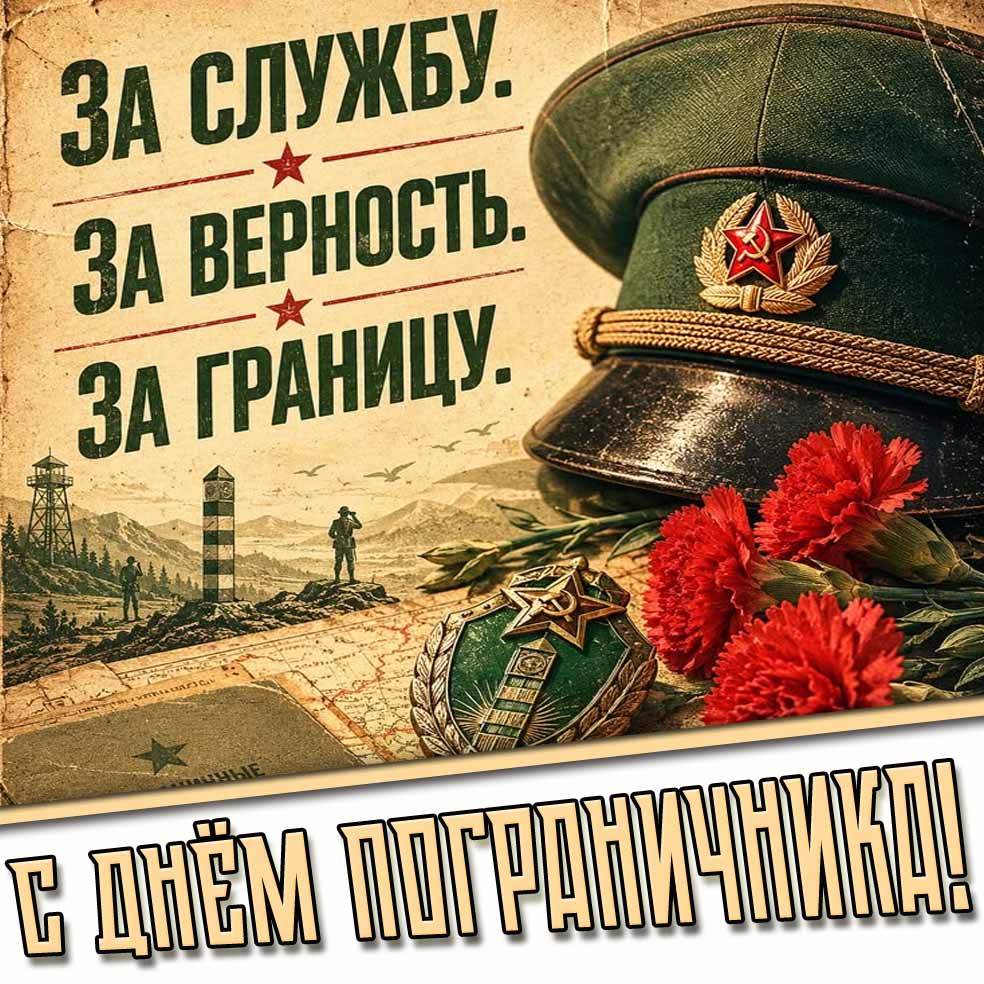 Советcкая открытка "С днём пограничника! За службу! За верность! За границу!"
