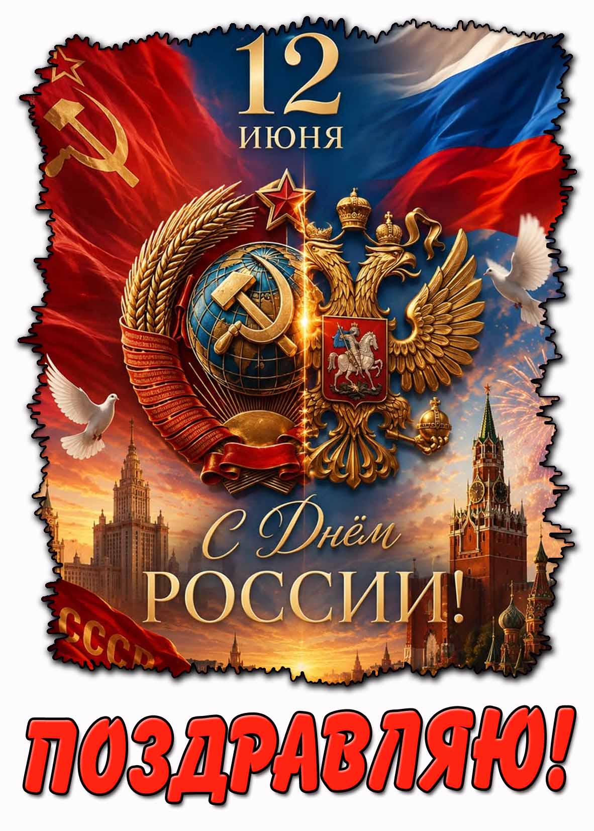 Советская открытка "12 июня - с днём России! Поздравляю!"