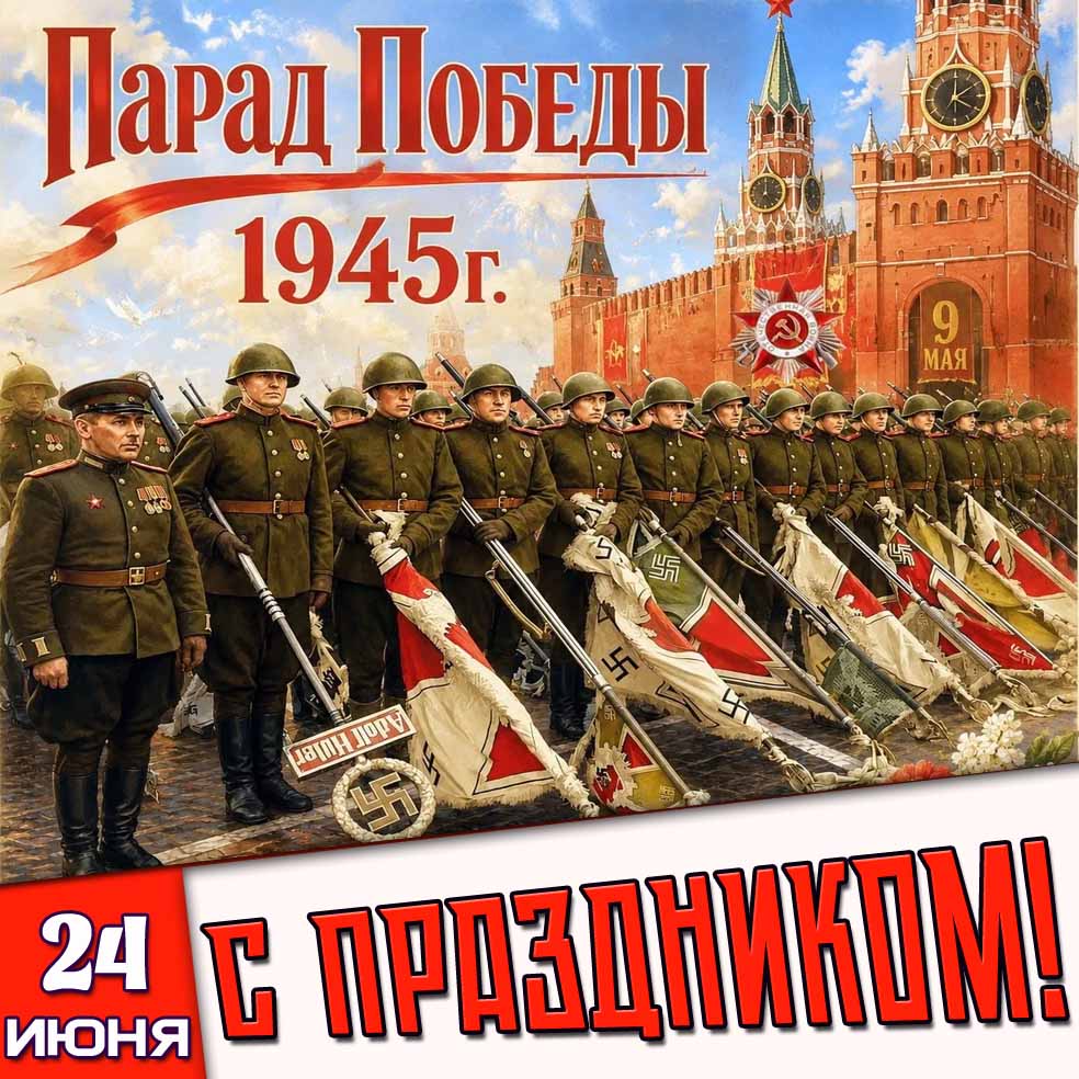 Советская открытка 24 июня 1945 года - Парад Победы! С праздником!