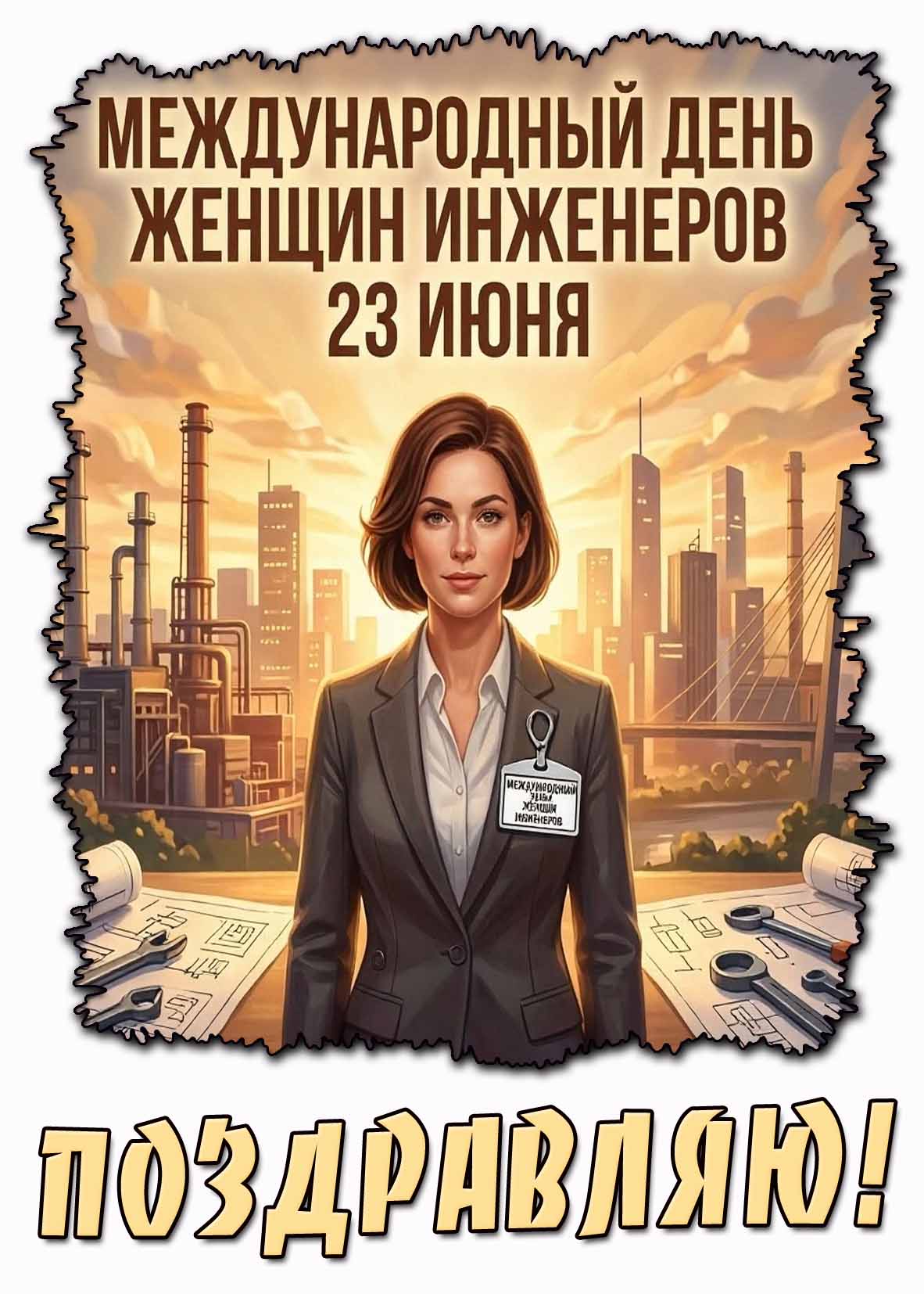 Красивая открытка с девушкой в стильном деловом костюме на фоне чертежей и городского завода к празднику 23 июня - Международный день женщин-инженеров! Поздравляю! Стильная открытка 23 июня - Международный день женщин-инженеров! Поздравляю!