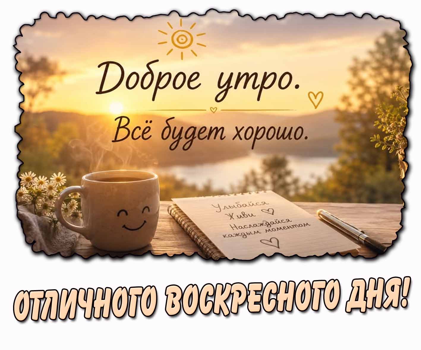 Открытка "Доброе утро! Отличного воскресного дня! Всё будет хорошо. Улыбайся! Живи! Наслаждайся каждым моментом!"