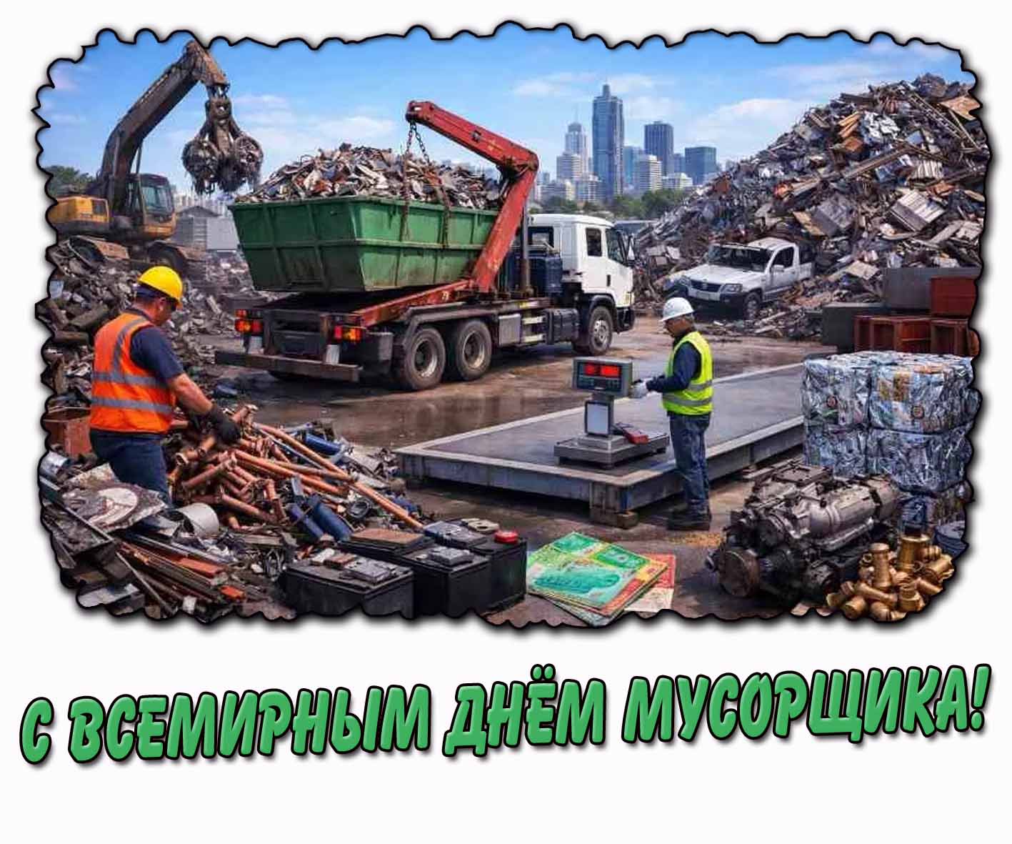 С Всемирным днём мусорщика! - открытка с рабочими на свалке