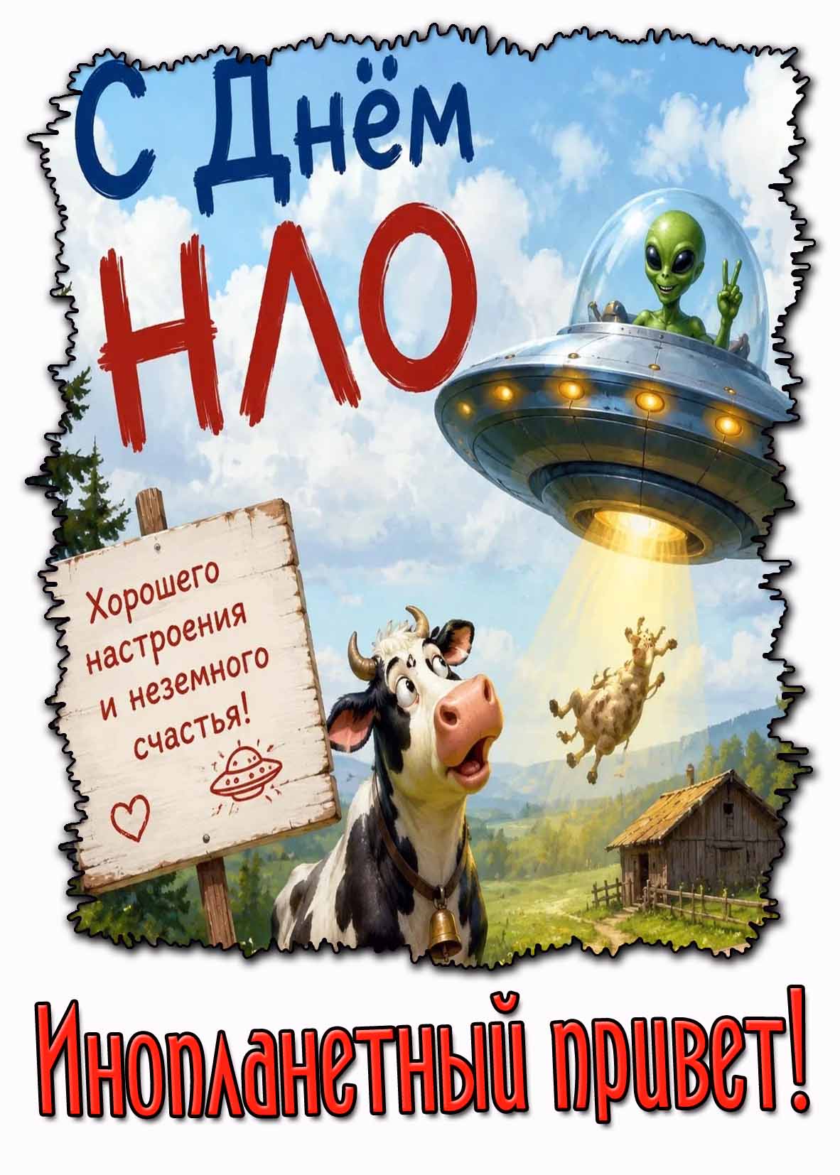Прикольная открытка "С днём НЛО! Хорошего настроения и неземного счастья! Инопланетный привет!"