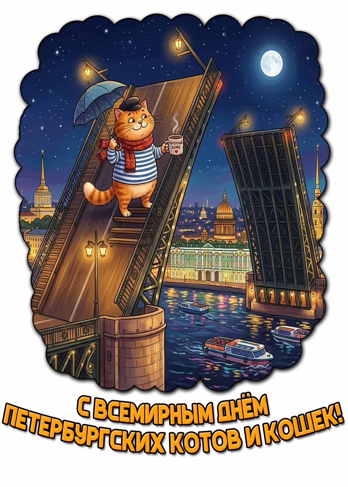 С Всемирным днём петербургских котов и кошек! - красивая ночная открытка