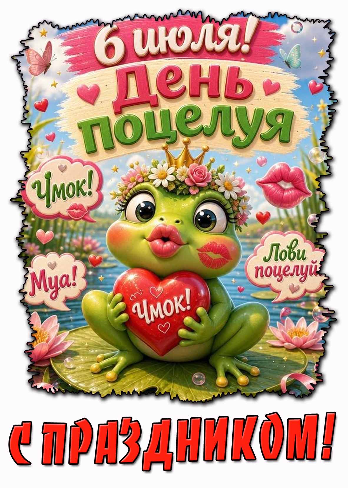 Картинка "6 июля день поцелуя! Чмок! Муа! Лови поцелуй! С праздником!"