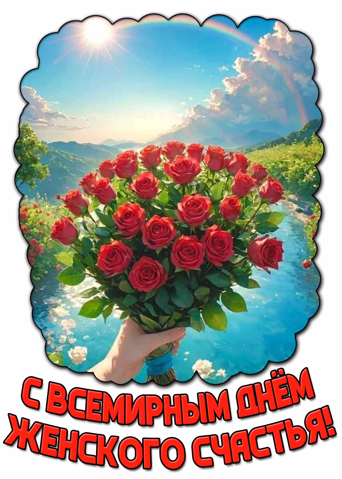С Всемирным днём женского счастья! - летняя открытка с розами