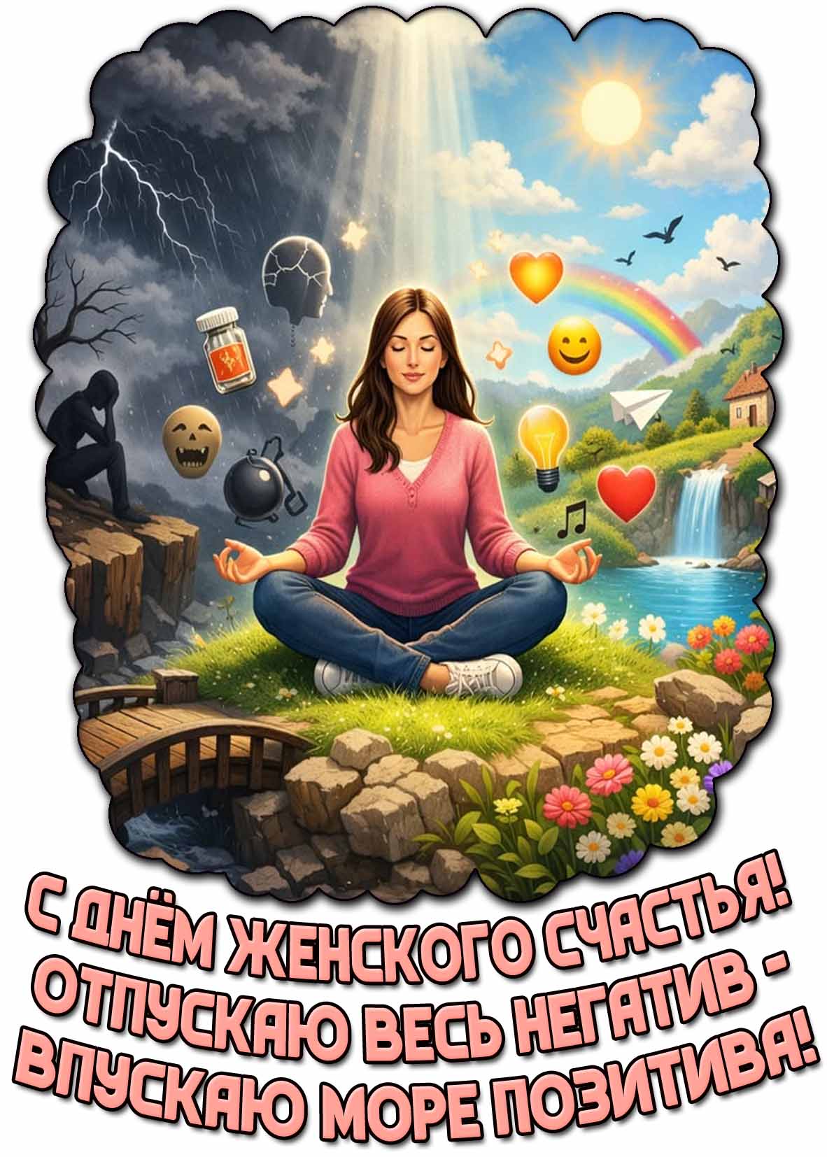 Открытка "С днём женского счастья! Отпускаю весь негатив - впускаю море позитива!"