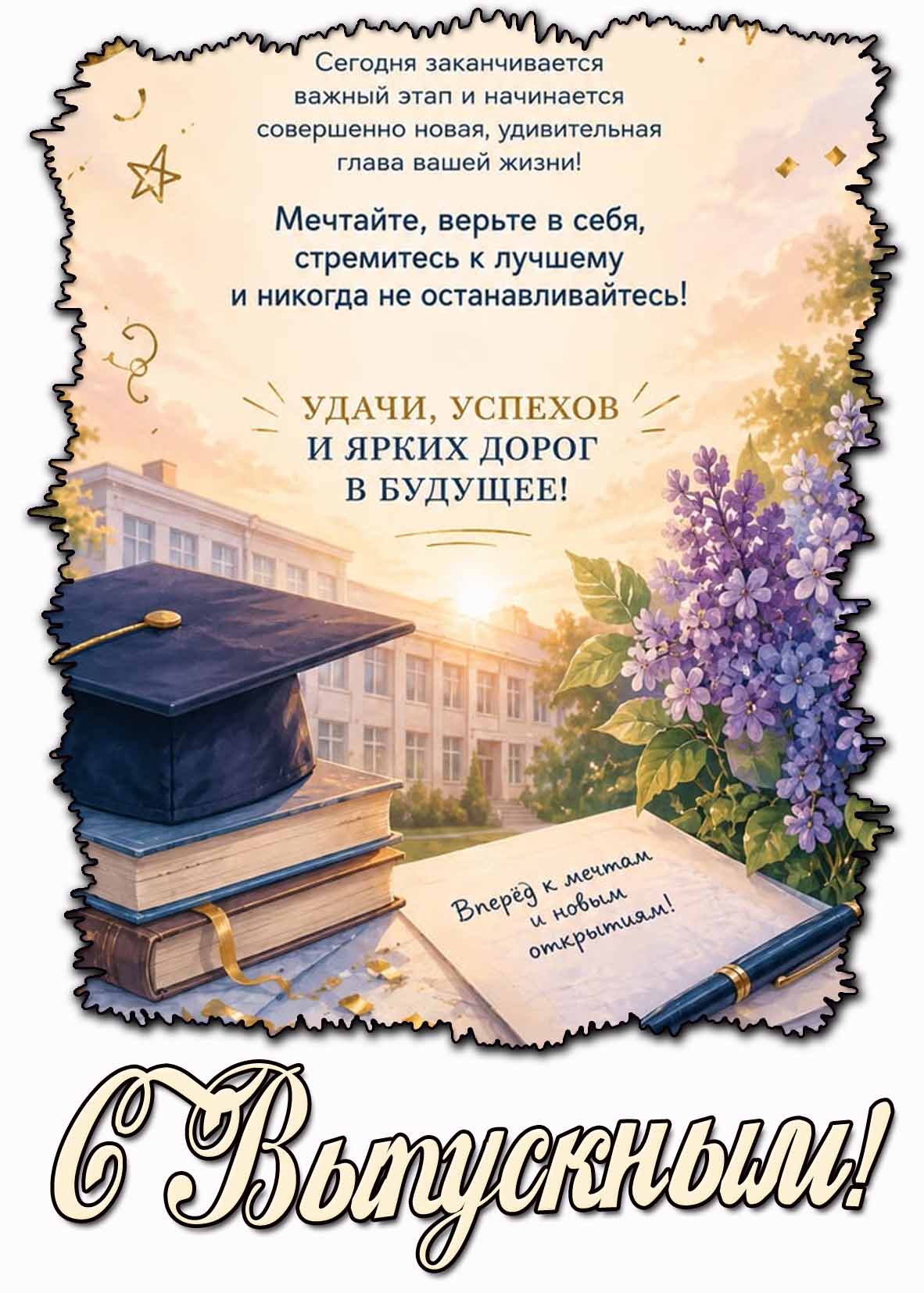 Поздравительная картинка "С выпускным! Вперёд к мечтам и новым открытиям! Удачи, успехов и ярких дорог в будущее!"