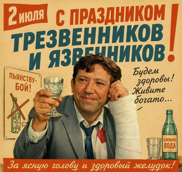 Смешная картинка "С праздником трезвенников и язвенников! За ясную голову и здоровый желудок!" - 2 июля