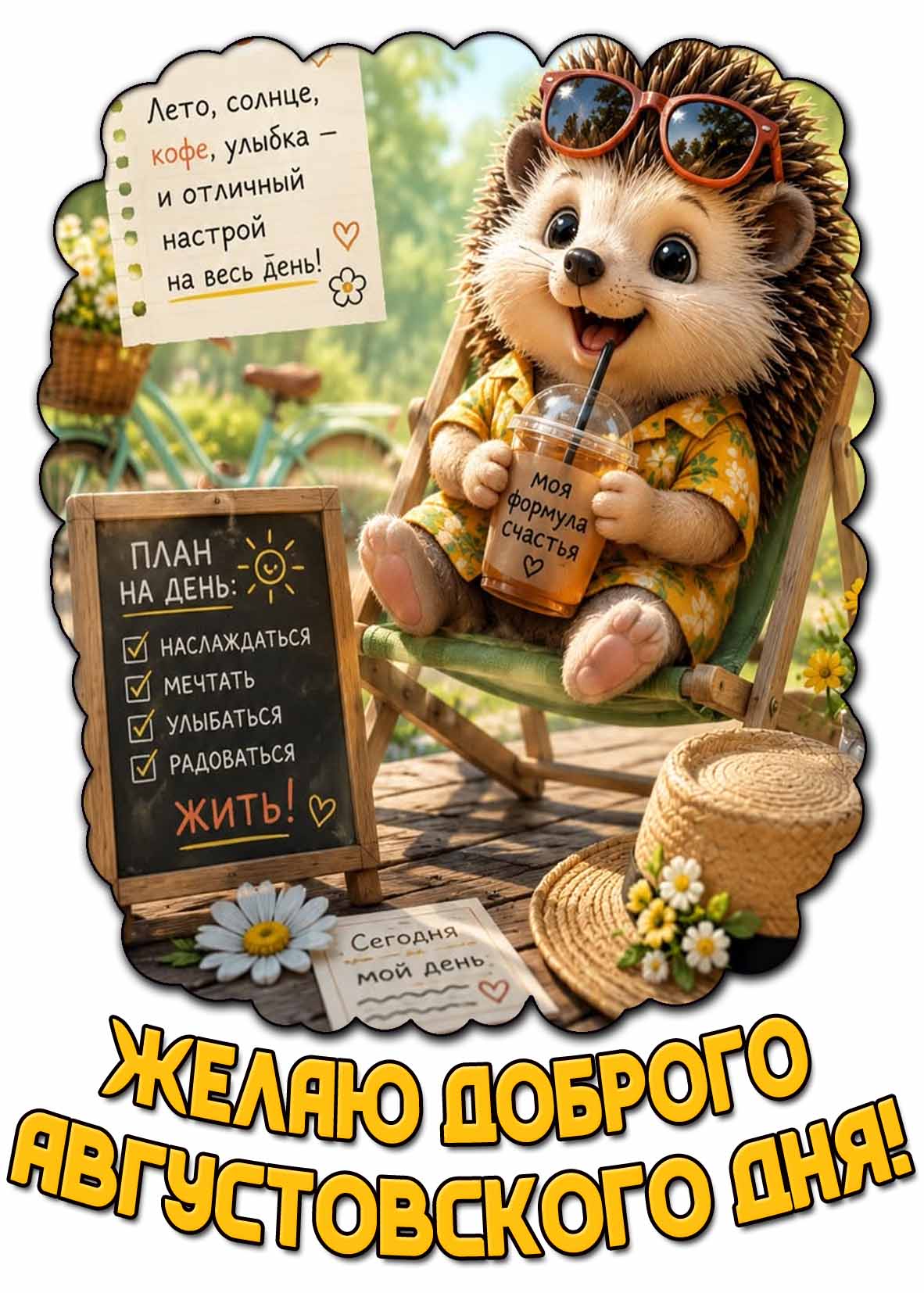 Картинка "Желаю доброго августовского дня! Лето, солнце, кофе, улыбка - и отличный настрой на весь день!"
