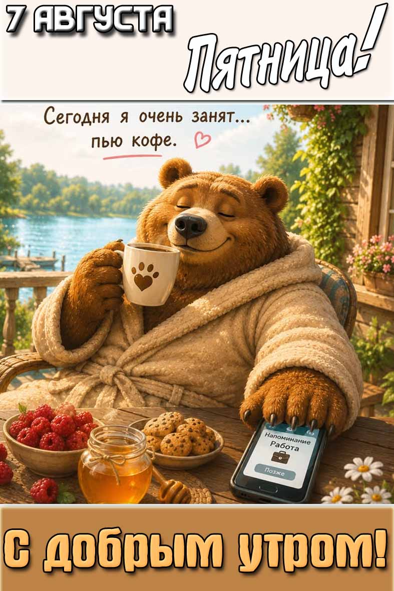 Картинка "7 августа пятница! С добрым утром! Сегодня я очень занят... пью кофе!"