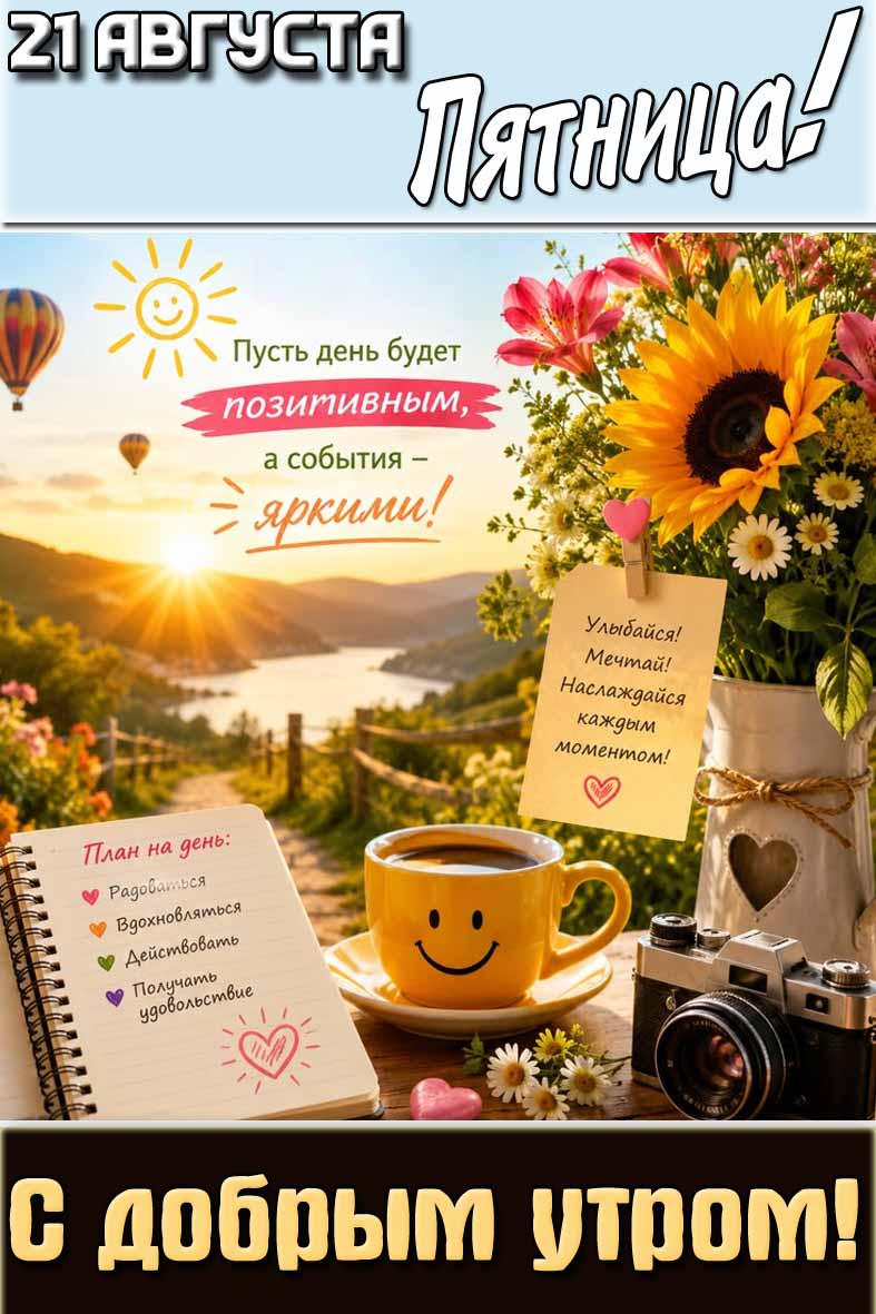 Картинка "21 августа пятница! С добрым утром! Пусть день будет позитивным, а события яркими! Улыбайся! Мечтай! Наслаждайся каждым моментом!