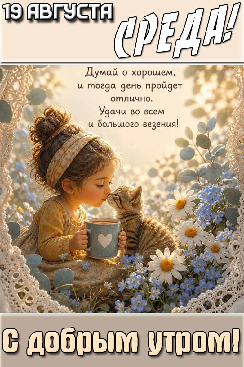 Картинка "19 августа среда! С добрым утром! Думай о хорошем, и тогда день пройдёт отлично. Удачи во всём и большого везенья!"
