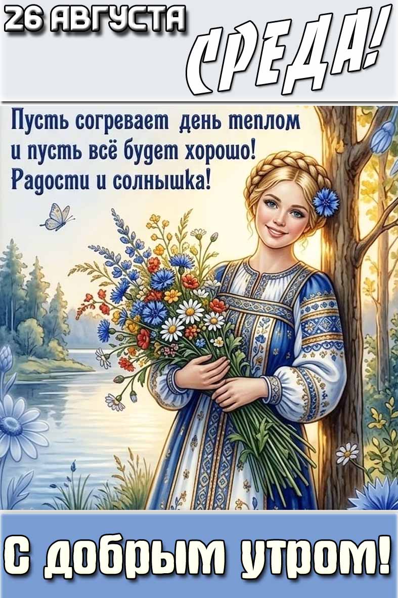Открытка "26 августа среда! С добрым утром! Пусть согревает день теплом и пусть всё будет хорошо! Радости и солнышка!"