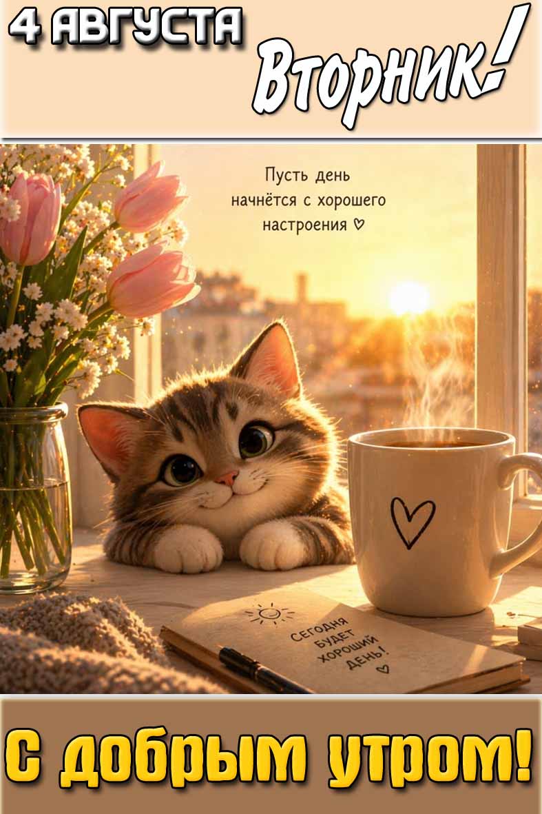 Картинка "4 августа вторник! С добрым утром! Пусть день начнётся с хорошего настроения! Сегодня будет хороший день!