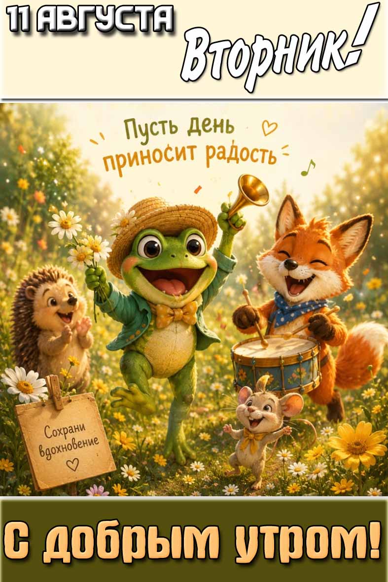 Открытка "11 августа вторник! С добрым утром! Пусть день приносит радость! Сохрани вдохновение!"