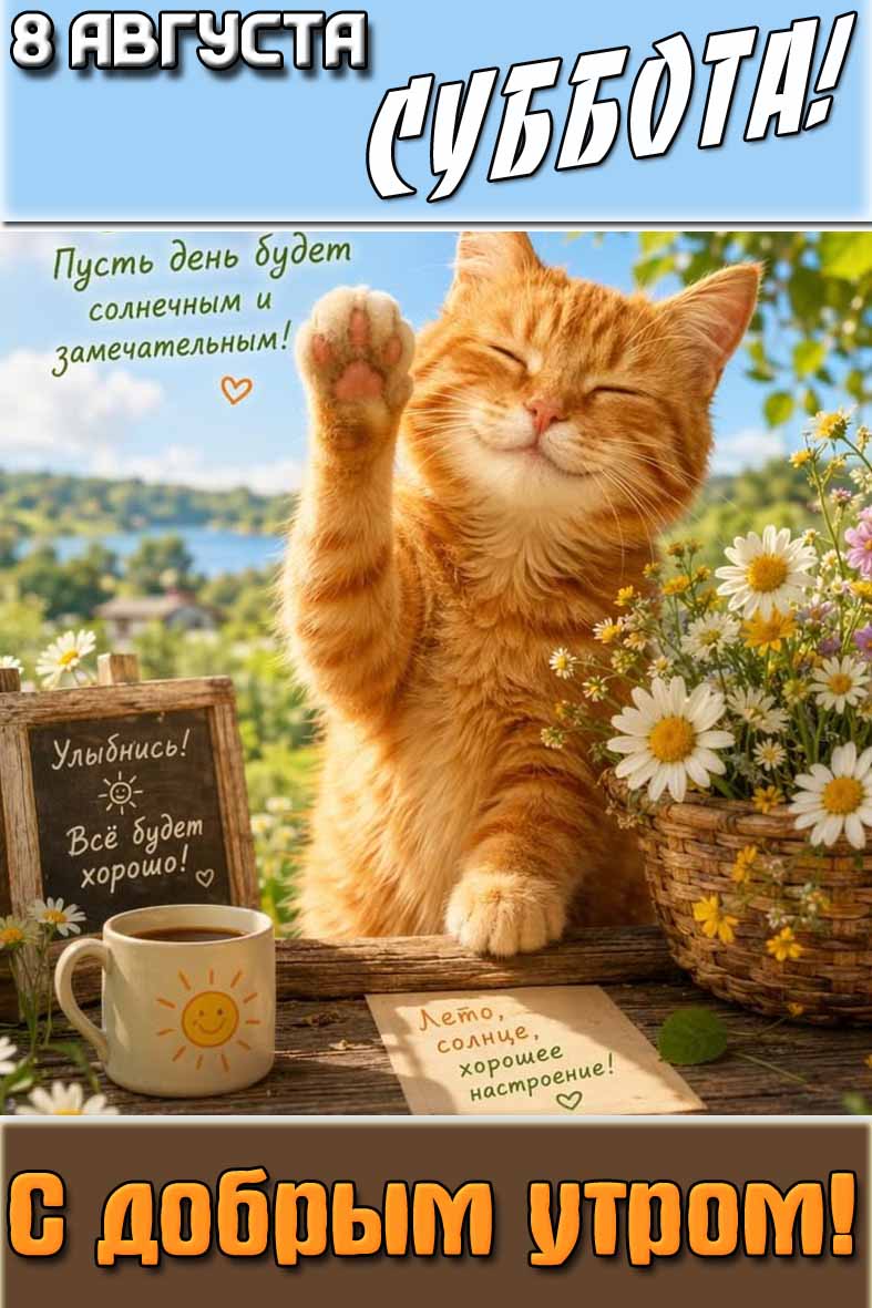 Открытка "8 августа суббота! С добрым утром! Пусть день будет солнечным и замечательным! Улыбнись! Всё будет хорошо! Лето, солнце, хорошее настроение!"