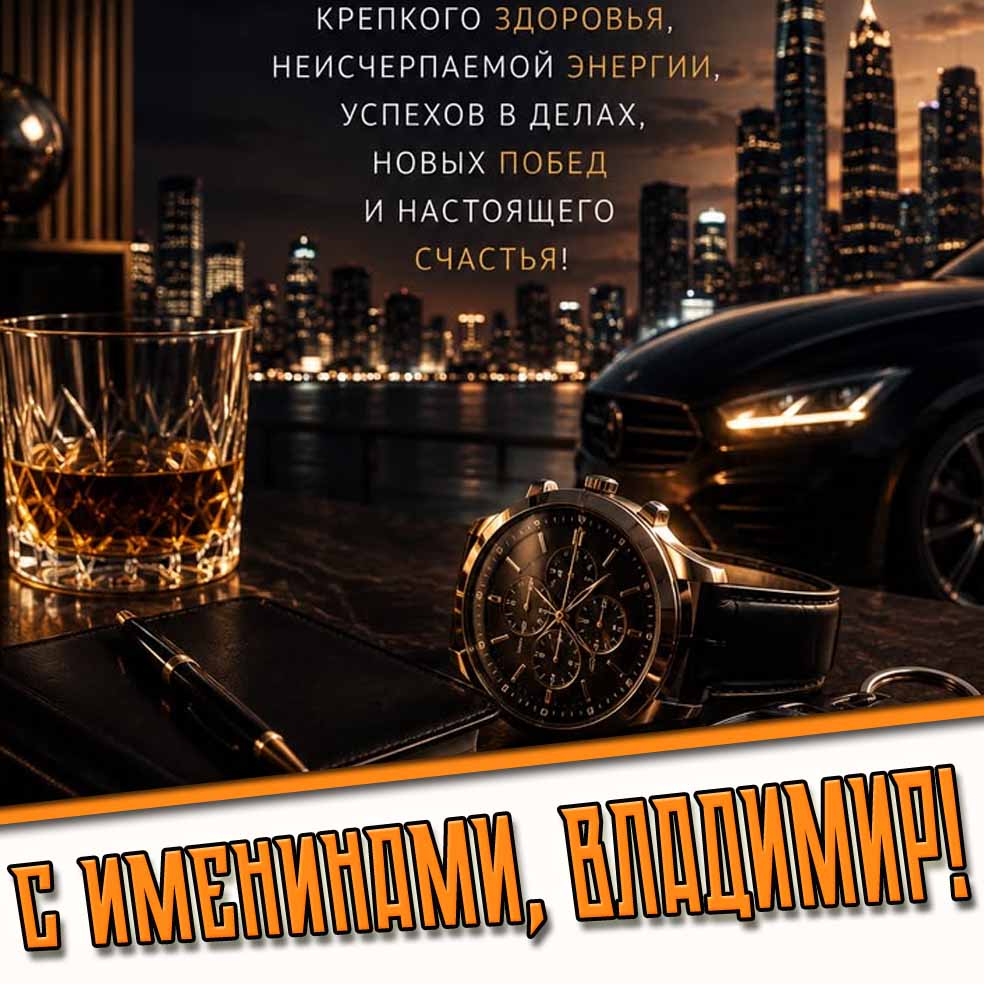 Открытка "С именинами, Владимир! Крепкого здоровья, неисчерпаемой энергии, успехов в делах, новых побед и настоящего счастья!"