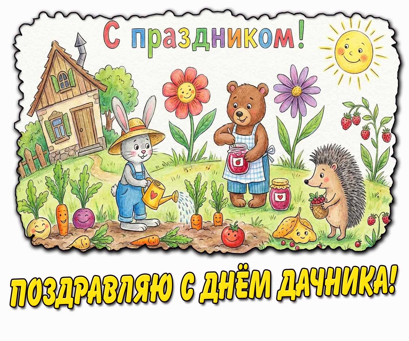 Прикольная детская открытка "Поздравляю с днём дачника! С праздником!"
