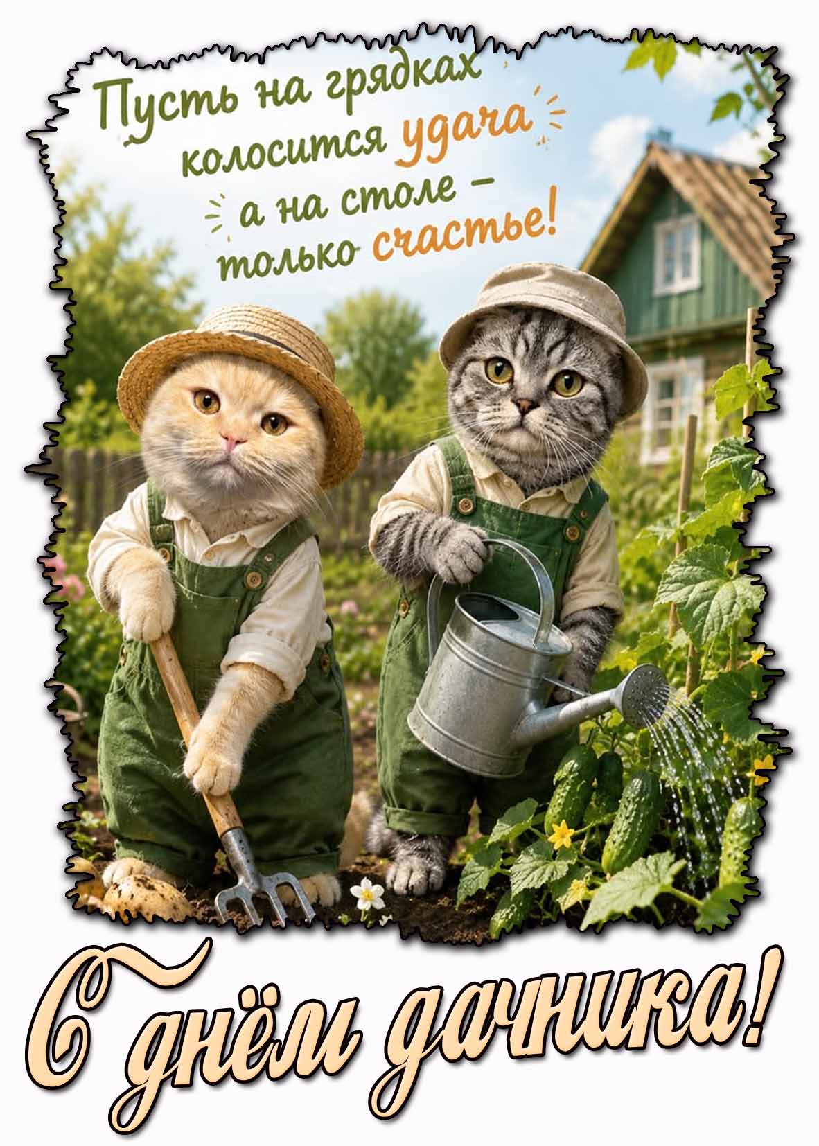 Прикольная открытка "С днём дачника! Пусть на грядках колосится удача, а на столе - только счастье!"