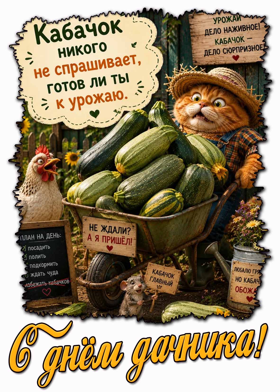 Смешная картинка "С днём дачника! Кабачок никого не спрашивает, готов ли ты к урожаю!"