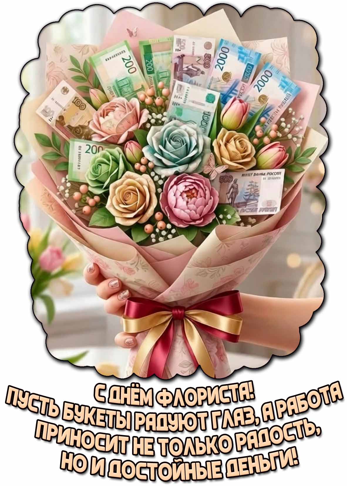 Открытка "С днём флориста! Пусть букеты радуют глаз, а работа приносит не только радость, но и достойные деньги!"