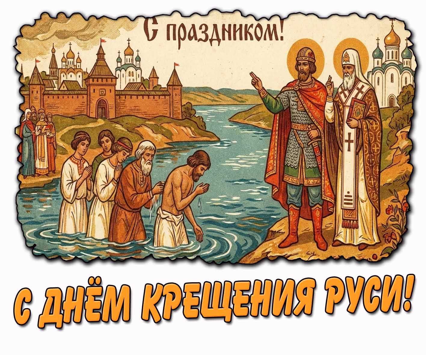 Старинная открытка "С днём Крещения Руси! С праздником!"