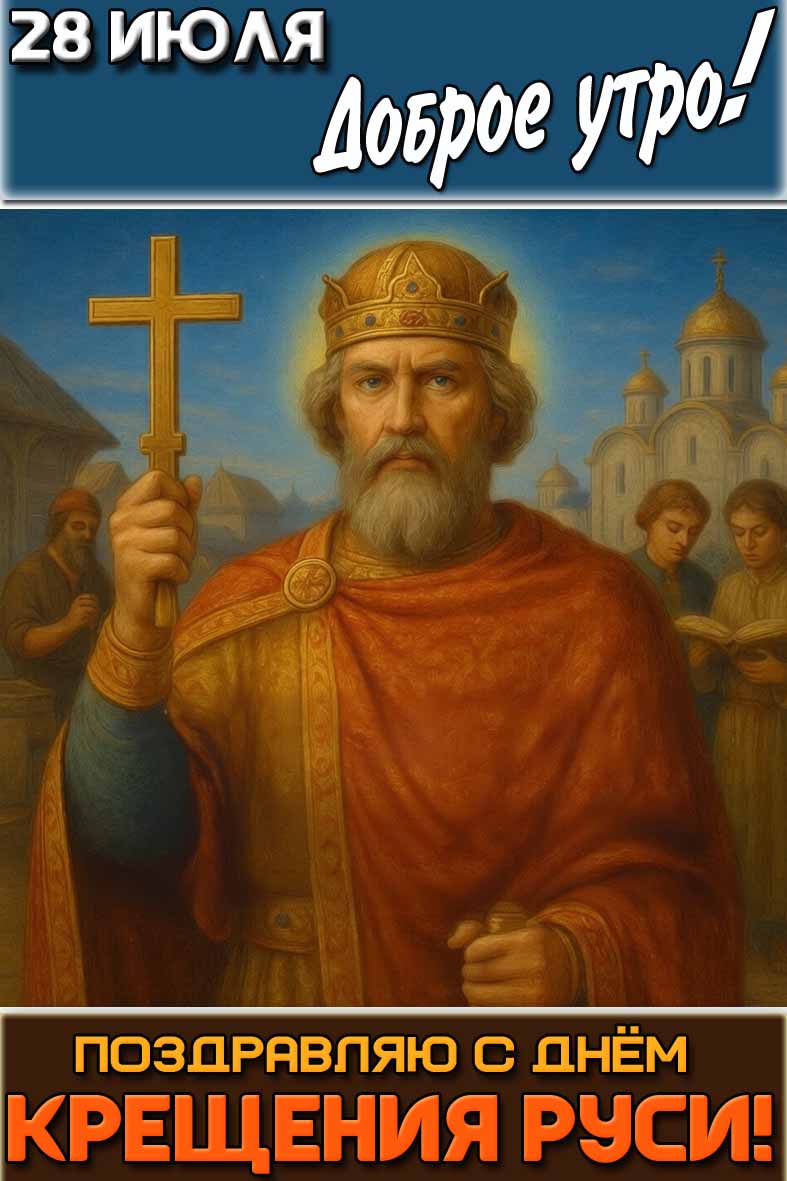 Вертикальная картинка с князем Владимиром Святославичем с православным крестом в руках на фоне храма и надписью : "28 июля доброе утро! Поздравляю с днём Крещения Руси!". Картинка "28 июля доброе утро! Поздравляю с днём Крещения Руси!"