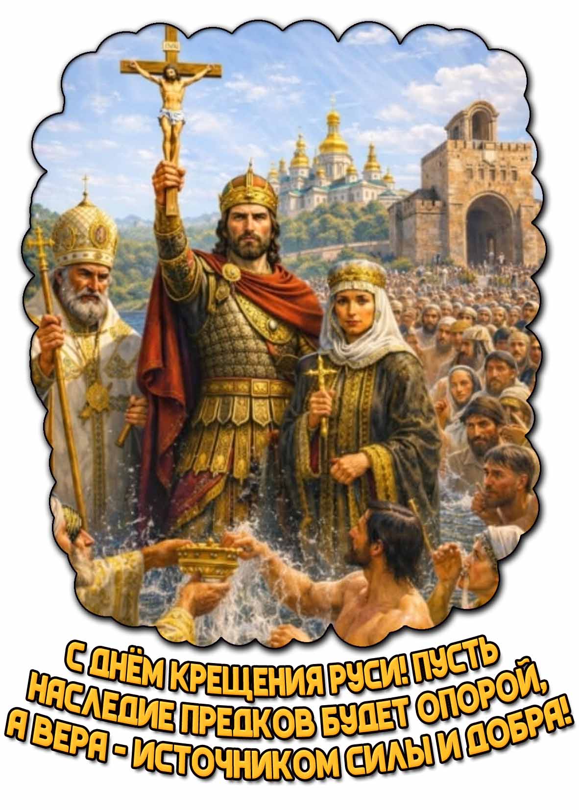 Красивая открытка с княгиней Ольгой и князем Владимиром с крестом в руках в воде на фоне храма, чтобы поздравить : С днём Крещения Руси! Пусть наследие предков будет опорой, а вера - источником силы и добра! Открытка "С днём Крещения Руси! Пусть наследие предков будет опорой, а вера - источником силы и добра!"