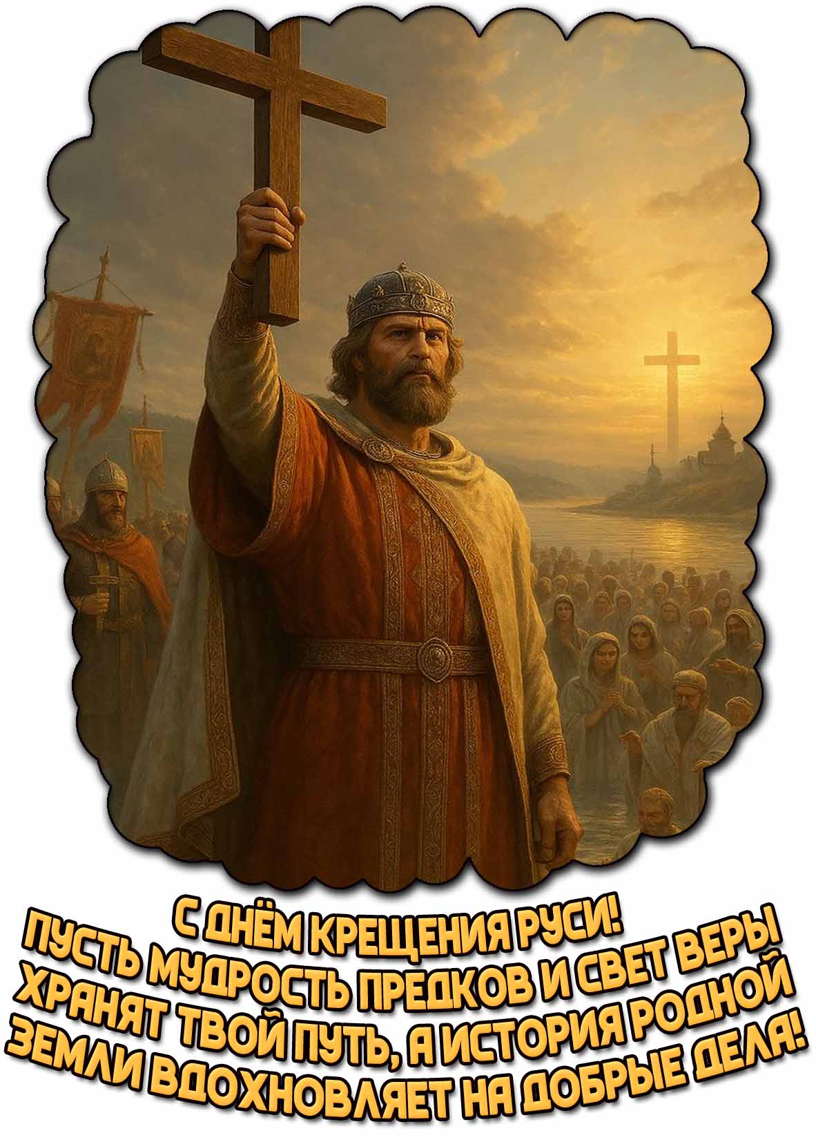 Красивая поздравительная картинка с князем Владимиром с крестом в руках на фоне мирян в воде и надписью : С днём Крещения Руси! Пусть мудрость предков и свет веры хранят твой путь, а история родной земли вдохновляет на добрые дела! Картинка "С днём Крещения Руси! Пусть мудрость предков и свет веры хранят твой путь, а история родной земли вдохновляет на добрые дела!"