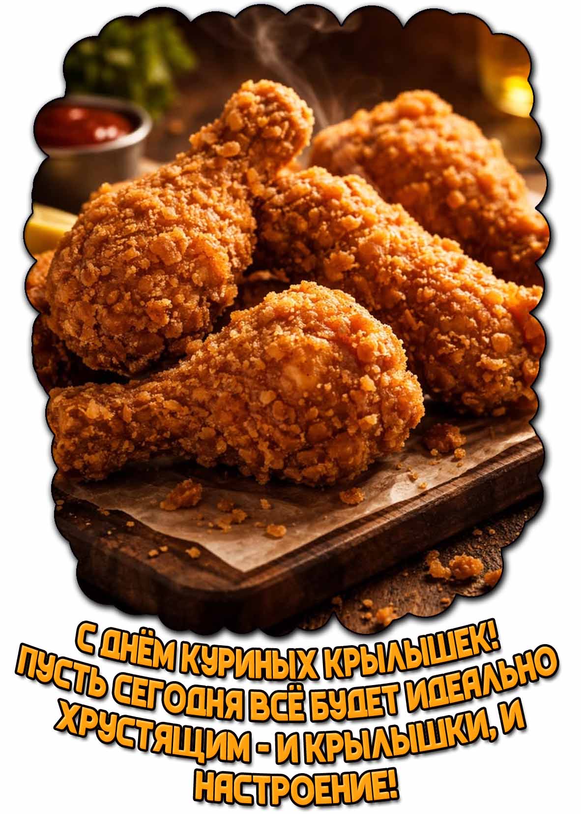 Сочная, яркая и аппетитная открытка, чтобы поздравить : С днём куриных крылышек! Пусть сегодня всё будет идеально хрустящим - и крылышки, и настроение! Открытка "С днём куриных крылышек! Пусть сегодня всё будет идеально хрустящим - и крылышки, и настроение!"