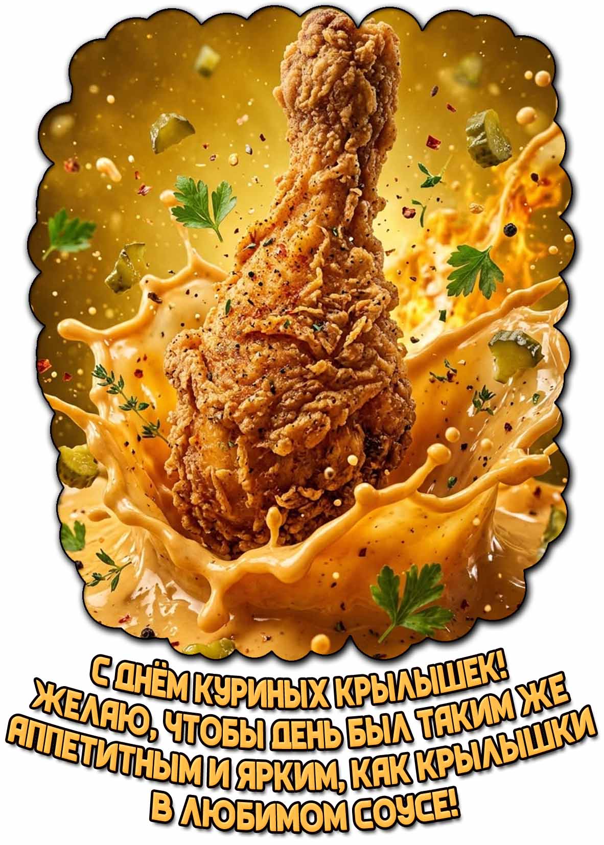 Красивая и сочная картинка, чтобы поздравить всех любителей вкусной еды : С днём куриных крылышек! Желаю, чтобы день был таким же аппетитным и ярким, как крылышки в любимом соусе! Картинка "С днём куриных крылышек! Желаю, чтобы день был таким же аппетитным и ярким, как крылышки в любимом соусе!"