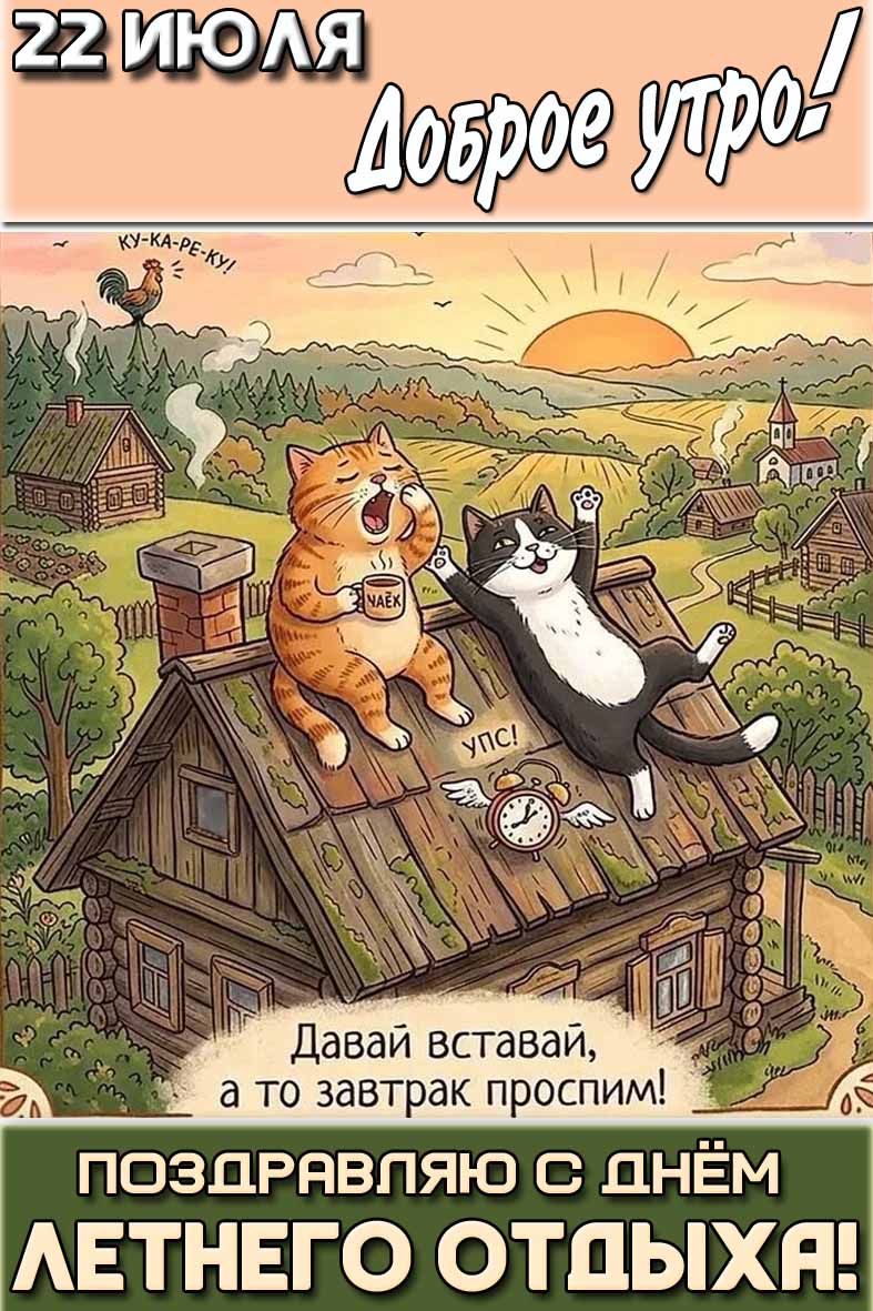 Картинка "22 июля доброе утро! Поздравляю с днём летнего отдыха! Давай вставай, а то завтрак проспим!"