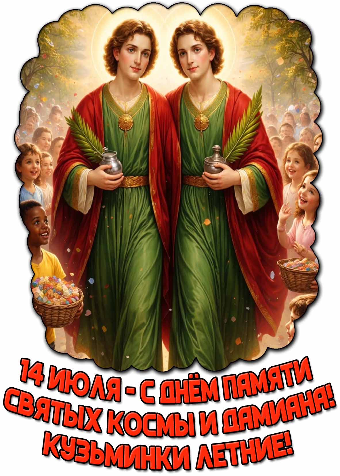 Открытка "C днём памяти святых Космы и Дамиана! Кузьминки летние!" - 14 июля