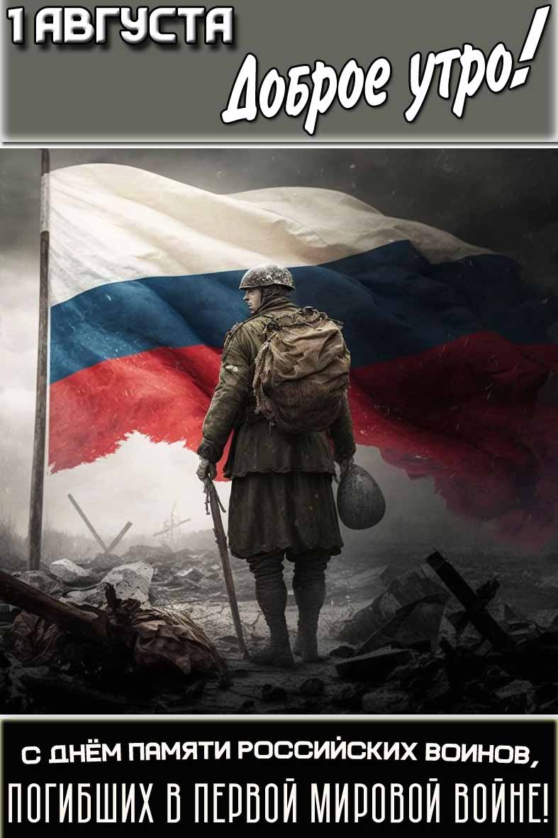 Открытка "1 августа доброе утро! С днём памяти российских воинов, погибших в Первой мировой войне!"